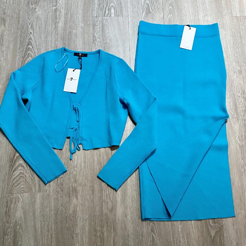 7 For All Mankind Teal Rib Knit Preppy Old Money Midi Column Pencil Skirt Set S